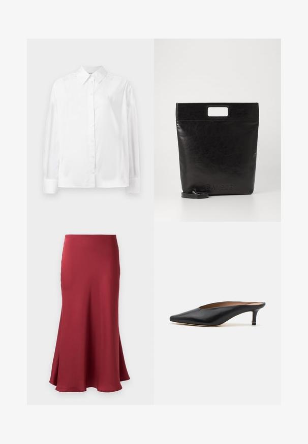 Weißes Langarm-Hemd mit Knopfverschluss aus einer glatten Baumwollmischung. Verfügt über einen klassischen Kragen, eine Frontknopfverschluss und abgerundete Manschetten.; Burgunderfarbene Satinrock mit glatter Textur, ausgestellter Silhouette und einem Saum, der unter das Knie fällt. Keine sichtbaren Beschläge oder Muster.; Schwarze Leder-Mules mit spitzem Zehenbereich und niedrigem Blockabsatz. Glatte Textur mit elegantem Design. Offene Rückseite mit minimaler Gestaltung.; Schwarze Leder-Tote-Tasche mit einem quadratischen Griff, ausgestattet mit einer strukturierten Oberfläche und geprägtem Logo. Inklusive abnehmbarem Tragegurt.