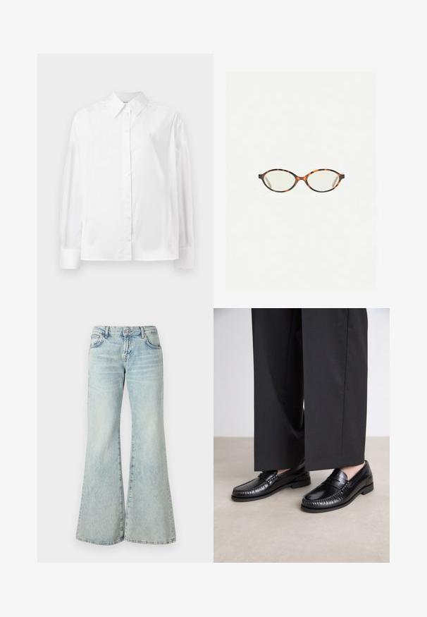 White long-sleeve button-up shirt in a smooth cotton blend. Features a classic collar, front button closure, and rounded cuffs.; Light blue flared jeans made from denim, featuring a high waist, pockets, and frayed hems. The fabric displays a faded wash and subtle texture.; Black leather loafers with a smooth finish, stitched detailing around the toe, and a low rubber sole. Paired with wide black trousers.; Tortoiseshell eyeglasses with oval lenses and a sleek, smooth finish. Features thin sides with a subtle curve at the temples. Clear lenses.