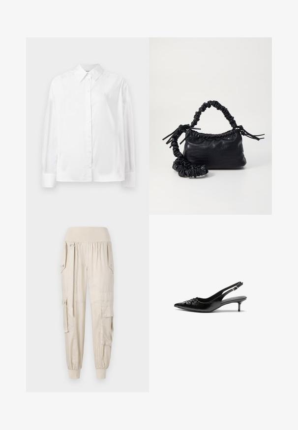 Balta, garām piedurknēm, ar pogām aizpogājama krekla no gludas kokvilnas šķiedras. Tam ir klasiskā apkakle, priekšējā aizpogājamā daļa un noapaļotas aproces.; Beige kravas bikses ar elastīgu jostu, sašaurinātiem piedurknēm, sānu kabatām un pogu detaļām. Izgatavotas no viegla auduma ar gludu tekstūru.; Melni ādas sandales ar norādītu pirkstu, mazu kaķa papēdi un dekoratīvu mezglu detaļu priekšā. Gluda tekstūra visā virsmā.; Melnā mākslīgās ādas rokassoma ar krokodila rakstu, savilkta augšdaļa un saburzīta siksna. Izskatās mīksta un kompakta pēc dizaina.