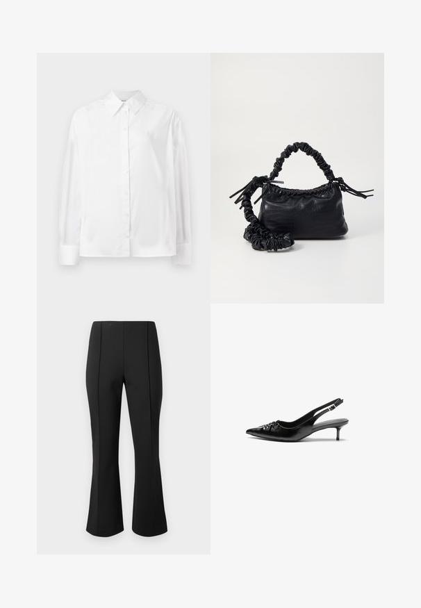 Camicia bianca a maniche lunghe con bottone in un morbido mix di cotone. Presenta un colletto classico, chiusura frontale con bottoni e polsini arrotondati.; Pantaloni neri a campana realizzati in tessuto elasticizzato, caratterizzati da una texture liscia, due cuciture frontali e un design sartoriale senza tasche.; Tacchi slingback in pelle nera con punta affusolata, piccolo tacco kitten e un dettaglio a nodo decorativo sulla parte anteriore. Texture liscia su tutta la superficie.; Borsa a tracolla in ecopelle nera con texture a coccodrillo, apertura cinchata e tracolla arricciata. Si presenta con un design morbido e compatto.
