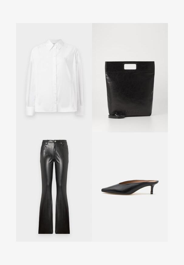 Weißes Langarm-Hemd mit Knopfverschluss aus einer glatten Baumwollmischung. Verfügt über einen klassischen Kragen, eine Frontknopfverschluss und abgerundete Manschetten.; Schwarze Leder-Hosen mit weitem Bein, die über eine glatte Textur, fünf Taschen, einen Frontknopfverschluss und eine schmale Silhouette an den Oberschenkeln verfügen.; Schwarze Leder-Mules mit spitzem Zehenbereich und niedrigem Blockabsatz. Glatte Textur mit elegantem Design. Offene Rückseite mit minimaler Gestaltung.; Schwarze Leder-Tote-Tasche mit einem quadratischen Griff, ausgestattet mit einer strukturierten Oberfläche und geprägtem Logo. Inklusive abnehmbarem Tragegurt.
