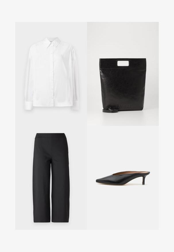 Chemise blanche à manches longues, en mélange de coton lisse. Présente un col classique, une fermeture à boutons sur le devant et des poignets arrondis.; Pantalons larges noirs avec une taille élastique. Fabriqués dans un tissu lisse et extensible. Sans poches ni coutures visibles. Design épuré et minimaliste.; Mules en cuir noir avec un bout pointu et un petit talon carré. Texture lisse avec un design épuré. Dos ouvert avec un minimum de détails.; Sac fourre-tout en cuir noir avec une poignée carrée, arborant une finition texturée et un logo en relief. Comprend une bandoulière amovible.
