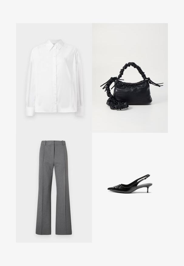 Valkea pitkähihainen nappipaita sileästä puuvillasekoitteesta. Sisältää klassisen kauluksen, etunappisulun ja pyöristetyt hihansuut.; Harmaat raidalliset leveälahkeiset housut, joissa on litteä etuosa, vyölenkit ja sileä pinta. Täyspitkä muotoilu, jossa on hienovaraisia kuvioyksityiskohtia.; Mustat nahkaiset slingback-korkokengät, joissa on terävä kärki, pieni kitten-korko ja koristeellinen solki edessä. Yksinkertainen pinta kauttaaltaan.; Must-have mustekahvi nahkalaukku krokotiiliaistalla, kiristetty yläosa ja rypistetty hihna. Näyttää pehmeältä ja kompaktilta muotoilultaan.