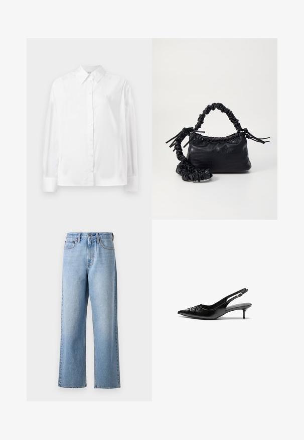 White long-sleeve button-up shirt in a smooth cotton blend. Features a classic collar, front button closure, and rounded cuffs.; Light blue denim jeans with a straight-leg design, featuring a button closure, belt loops, and subtle fading in the fabric texture.; Black leather slingback heels with a pointed toe, small kitten heel, and a decorative knot detail on the front. Smooth texture throughout.; Black faux leather handbag with a crocodile texture, cinched top, and a scrunched strap. Appears soft and compact in design.