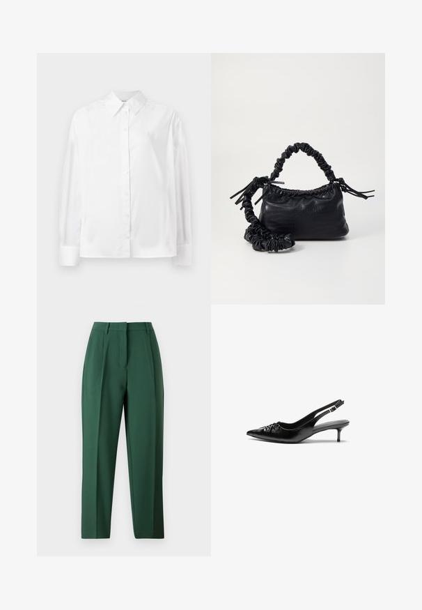 Hvid langærmet skjorte med knapper i en blød bomuldsblanding. Har en klassisk krave, frontlukning med knapper og rundede manchetter.; Grønne bukser med skræddersyet design, der har flad front, lige ben og en glat tekstur. Ingen synlige lommer eller pynt.; Sorte læderslippers med spidse tæer, lille kitten hæl og en dekorativ knude detalje foran. Glat tekstur hele vejen rundt.; Sort kunstlæder håndtaske med krokodilteksur, indsnøret top og en sammenkrøben rem. Ser blød og kompakt ud i designet.