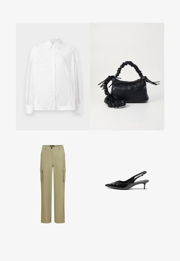 Bela srajca z dolgimi rokavi in gumbi, izdelana iz gladkega bombažnega mešanega materiala. Ima klasičen ovratnik, sprednje zapiranje na gumbe in zaokrožene manšete.; Khaŋi cargo hlače iz mehkega blaga. Imajo dva stranska žepa in zapiranje na gumb. Model ravnih hlač s krojem po meri.; Črne usnjene slingback pete z izostrenim nosom, majhno mačje peto in okrasno vozličasto podrobnostjo na sprednjem delu. Gladka tekstura po celotni površini.; Črna torbica iz umetnega usnja s krokodilovo teksturo, z zvitim vrhom in zmečkano naramico. Zdi se mehka in kompaktna v oblikovanju.