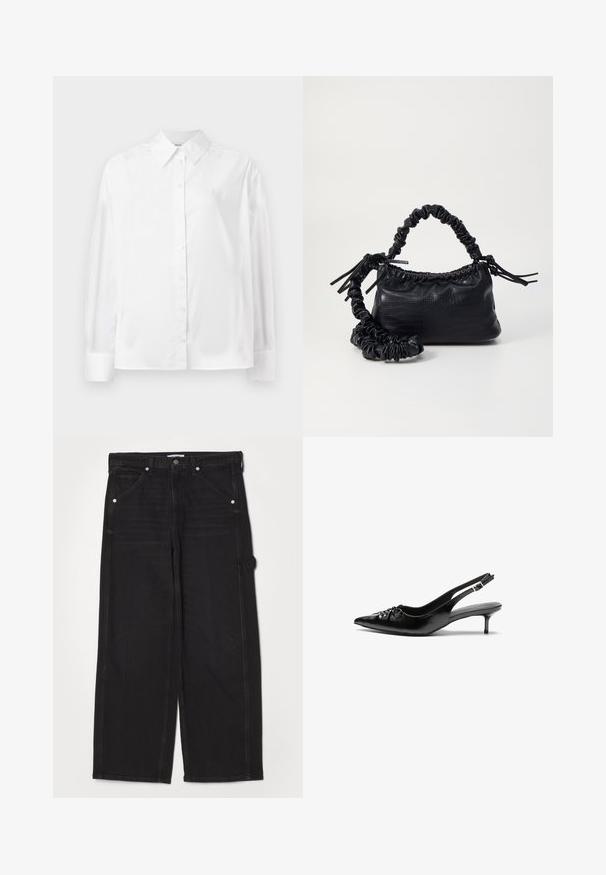 Bílá košile s dlouhým rukávem z hladké bavlněné směsi. Obsahuje klasický límec, přední zapínání na knoflíky a zaoblené manžety.; RE/DONE PAINTER JEAN - Džíny Relaxed Fit - crafted black; Černé kožené sandály na nízkém podpatku s řemínkem kolem paty, špičatou špičkou, nízkým ježkovým podpatkem a nabráním na nártu. Hladká textura a minimalistický design.; Černá kabelka z umělé kůže s krokodýlím vzorem, staženým vrškem a zmačkaným popruhem. Zdá se, že má měkký a kompaktní design.