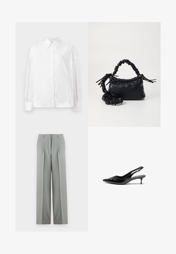 Valge pikka varrukat nuppude jaotuse särk, mis on valmistatud siledast puuvillasegust. Omab klassikalist krae, ees nuppude sulgemist ja ümarate mansettidega.; Heledad hallhallide pükse, mis on valmistatud siledast kangast, kellest on kõrge vöökoht, volditud esiosa ning kaks tagumist taskut koos vöötkummidega.; Mustad nahast rihmikud terava nina, madala kassisaba kand ja volditud detailiga eespool. Siledat tekstuuri ja minimalistlikku disaini.; Must must sünteetilisest nahast käekott, millel on krokodillimuster, kokku tõmmatav ülaosa ja kortsus rihm. Tundub pehme ja kompaktne disain.
