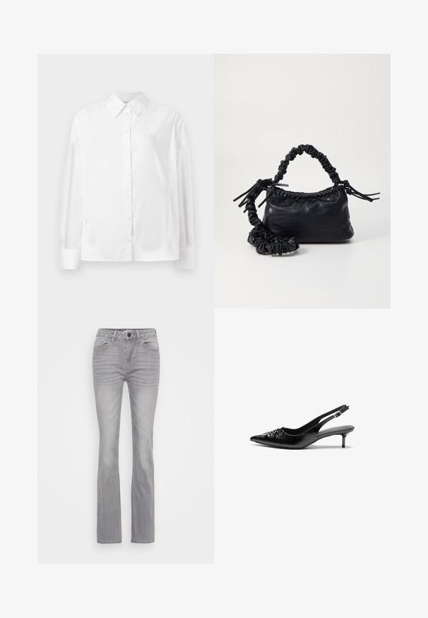 Balta, garām piedurknēm, ar pogām aizpogājama krekla no gludas kokvilnas šķiedras. Tam ir klasiskā apkakle, priekšējā aizpogājamā daļa un noapaļotas aproces.; Pelēkie džinsi ar izplūdušu kāju dizainu, kas piedāvā klasisko piecu kabatu stilu un pogu aizdari. Strukturēta auduma ar vieglu izbalējumu.; Melni ādas sandales ar norādītu pirkstu, mazu kaķa papēdi un dekoratīvu mezglu detaļu priekšā. Gluda tekstūra visā virsmā.; Melnā mākslīgās ādas rokassoma ar krokodila rakstu, savilkta augšdaļa un saburzīta siksna. Izskatās mīksta un kompakta pēc dizaina.