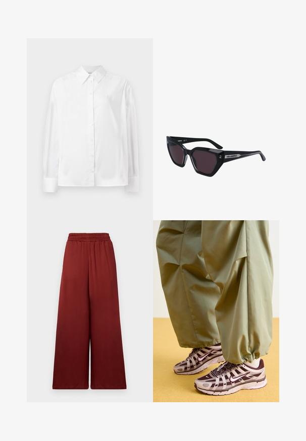 Witte langemouwige button-up shirt in een gladde katoenmix. Voorzien van een klassieke kraag, een knoopsluiting aan de voorkant en afgeronde manchetten.; High-washta broeken van een gladde stof in een diepe bordeauxkleur, met een elastische tailleband voor comfort en een vloeiende val.; Atletische sneakers met een grijs en donkerpaars ontwerp, voorzien van een bovenwerk van mesh, ondersteunende banden en een rubberen zool, gecombineerd met losse groene broek.; Zwarte zonnebril met een kattenoogontwerp, voorzien van donkere lenzen, een glanzende afwerking en subtiele logo-accenten op de pootjes.