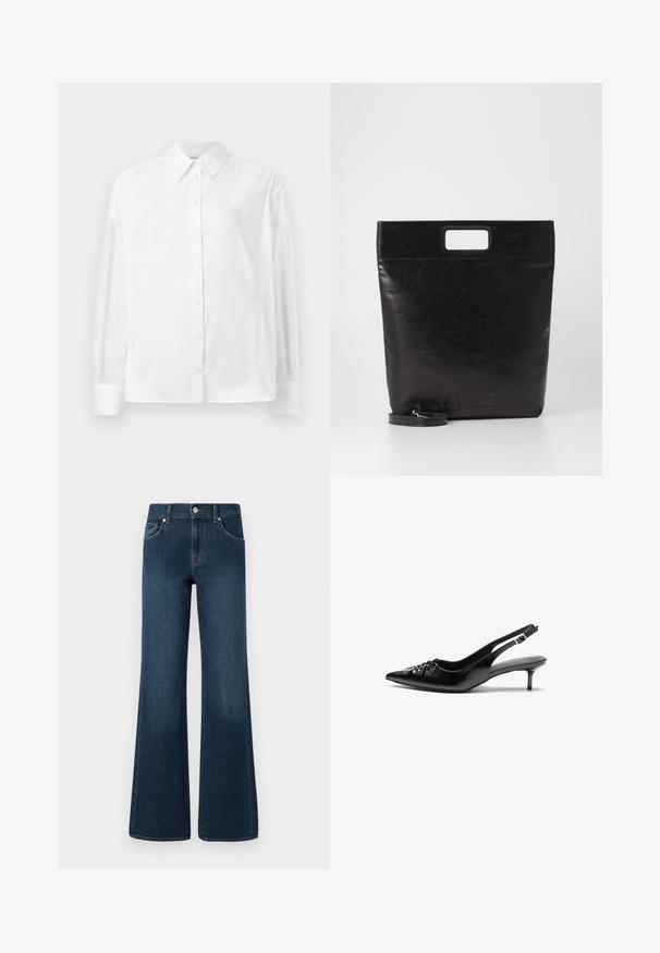 Balta, garām piedurknēm, ar pogām aizpogājama krekla no gludas kokvilnas šķiedras. Tam ir klasiskā apkakle, priekšējā aizpogājamā daļa un noapaļotas aproces.; Plati kāju džinsi tumši zilā mazgājumā tonī, ar pogu aizdari, piecām kabatām un nelielu izbalējumu tekstūrā, lai pievienotu papildus detaļas.; Melni ādas sandales ar norādītu pirkstu, mazu kaķa papēdi un dekoratīvu mezglu detaļu priekšā. Gluda tekstūra visā virsmā.; Melna ādas tote soma ar kvadrātveida rokturi, ar teksturētu apdari un iespiestu logo. Ietver noņemamu siksnu.