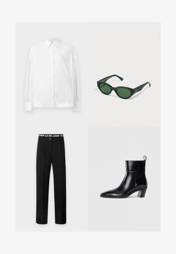 Fehér, hosszú ujjú, gombos ing sima pamut keverékből. Klasszikus gallérral, elöl gombos záródással és lekerekített mandzsettával rendelkezik.; Fekete nadrág pamut keverékből. Fehér márkázott derékszíjjal, gombos záródással és egyenes szabású kialakítással rendelkezik, oldalsó zsebekkel.; Fekete bőr bokacsizma hegyes orral, geometrikus, rétegelt sarokkal és hátsó húzófüllel. Sima textúra és kifinomult dizájn.; Zöld napszemüveg fényes felülettel, téglalap alakú kerettel és sötétzöld lencsékkel. Az oldalán egy diszkrét logó található a szárán.; Fekete bőrtáska arany macska alakú fogantyúval, elülső fedéllel, állítható pánttal és logó részlettel az alsó részen.