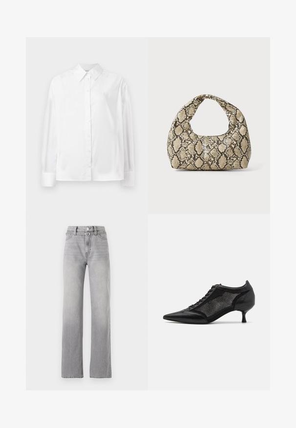 White long-sleeve button-up shirt in a smooth cotton blend. Features a classic collar, front button closure, and rounded cuffs.; Light gray denim jeans with a high waist, straight leg design, subtle fading, and classic five-pocket styling. Metal button and zipper closure.; Black pointed-toe shoe with a mesh panel design, featuring a low heel and lace-up front. Made from a combination of leather and mesh material.; Snake-print handbag with a curved handle. Made from textured, beige and brown materials, featuring a distinctive diamond pattern.