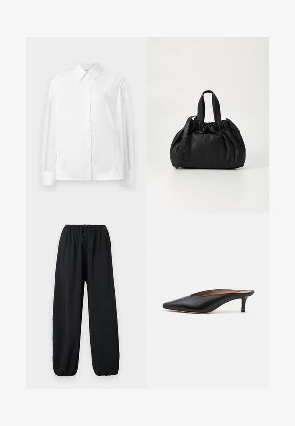 Witte langemouwige button-up shirt in een gladde katoenmix. Voorzien van een klassieke kraag, een knoopsluiting aan de voorkant en afgeronde manchetten.; Zwarte wijde broek gemaakt van lichtgewicht stof. Ze hebben een elastische tailleband met trekkoord en verstelbare manchetten aan de onderkant.; Zwarte leren muiltjes met een puntige neus en een lage, blokhak. Glad oppervlak met een gestroomlijnd ontwerp. Open achterkant met minimale details.; Zwarte leren handtas met een geplooid ontwerp aan de bovenkant, voorzien van twee korte handvatten en een lange verstelbare schouderband. Gladde textuur, ronde vorm.