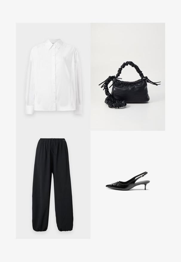 Bílá košile s dlouhým rukávem z hladké bavlněné směsi. Obsahuje klasický límec, přední zapínání na knoflíky a zaoblené manžety.; Černé kalhoty s širokými nohavicemi vyrobené z lehkého materiálu. Mají elastický pas s šňůrkou a nastavitelné manžety na spodním lemu.; Černé kožené sandály na nízkém podpatku s řemínkem kolem paty, špičatou špičkou, nízkým ježkovým podpatkem a nabráním na nártu. Hladká textura a minimalistický design.; Černá kabelka z umělé kůže s krokodýlím vzorem, staženým vrškem a zmačkaným popruhem. Zdá se, že má měkký a kompaktní design.