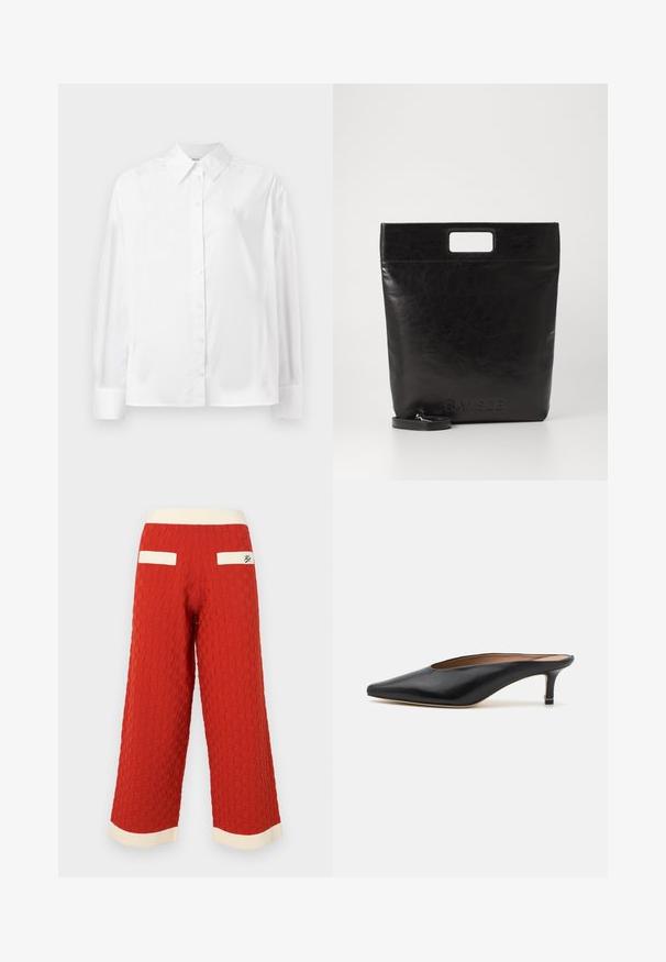Witte langemouwige button-up shirt in een gladde katoenmix. Voorzien van een klassieke kraag, een knoopsluiting aan de voorkant en afgeronde manchetten.; Rode textured wijde broek met een ruitpatroon, voorzien van een crèmekleurige ribbelband en zakaccenten.; Zwarte leren muiltjes met een puntige neus en een lage, blokhak. Glad oppervlak met een gestroomlijnd ontwerp. Open achterkant met minimale details.; Zwarte leren draagtas met een vierkant handvat, met een gestructureerde afwerking en een reliëflogo. Inclusief een afneembare schouderband.