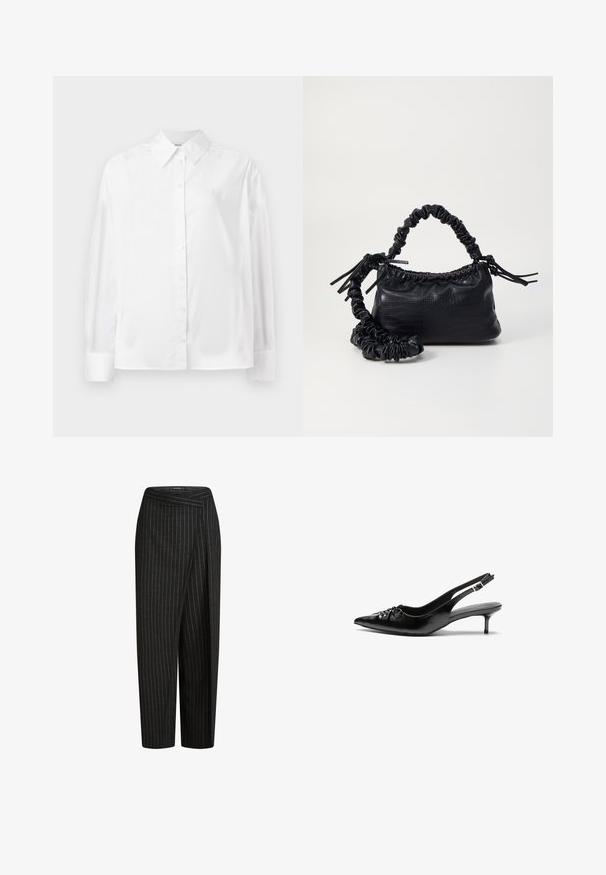 Balta, garām piedurknēm, ar pogām aizpogājama krekla no gludas kokvilnas šķiedras. Tam ir klasiskā apkakle, priekšējā aizpogājamā daļa un noapaļotas aproces.; Melnas svītrainas bikses ar platu kāju dizainu, kurām ir īsā garuma un salocīta josta, kas nodrošina elegantu izskatu. Mīksta auduma tekstūra.; Melni ādas sandales ar norādītu pirkstu, mazu kaķa papēdi un dekoratīvu mezglu detaļu priekšā. Gluda tekstūra visā virsmā.; Melnā mākslīgās ādas rokassoma ar krokodila rakstu, savilkta augšdaļa un saburzīta siksna. Izskatās mīksta un kompakta pēc dizaina.