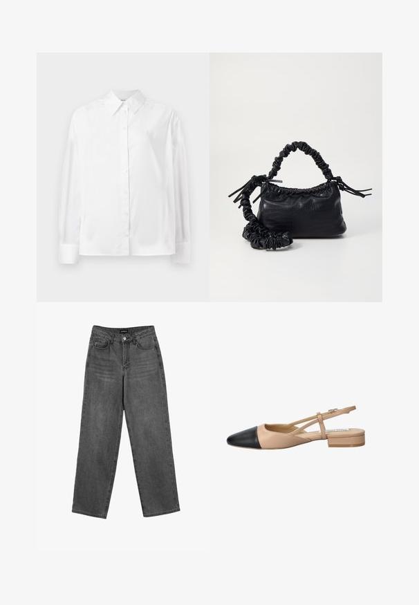 Fehér, hosszú ujjú, gombos ing sima pamut keverékből. Klasszikus gallérral, elöl gombos záródással és lekerekített mandzsettával rendelkezik.; Fekete, magas derekú, egyenes szárú farmernadrág, elülső gombbal és zsebekkel, fehér háttér előtt bemutatva.; Beige és fekete, két tónusú, slingback cipő hegyes orral, lapos sarokkal és keresztbe fonott pánttal. Sima bőr textúra.; Fekete műbőr kézi táska krokodil bőr textúrával, összehúzható tetejű és gyűrt pánttal. Lágy és kompakt dizájnúnak tűnik.