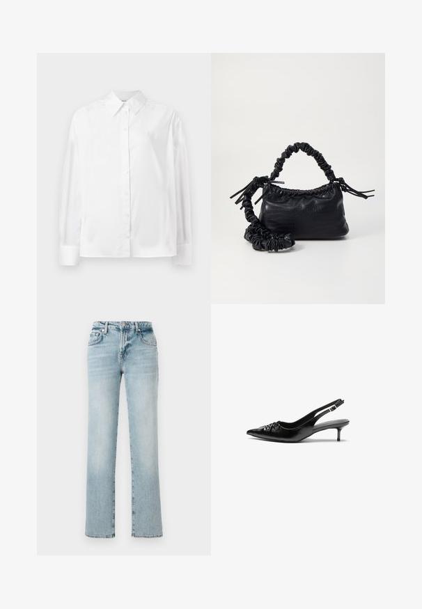Fehér, hosszú ujjú, gombos ing sima pamut keverékből. Klasszikus gallérral, elöl gombos záródással és lekerekített mandzsettával rendelkezik.; Világoskék farmernadrág egyenes lábbetéttel, öt zsebbel, gombos és cipzáras záródással, valamint finom kopással az elhasználódott hatás érdekében.; Fekete bőrből készült, pántos magassarkú cipő hegyes orral, alacsony cicás sarokkal, és fodros részlettel a lábfején. Simább felület és minimalista design.; Fekete műbőr kézi táska krokodil bőr textúrával, összehúzható tetejű és gyűrt pánttal. Lágy és kompakt dizájnúnak tűnik.