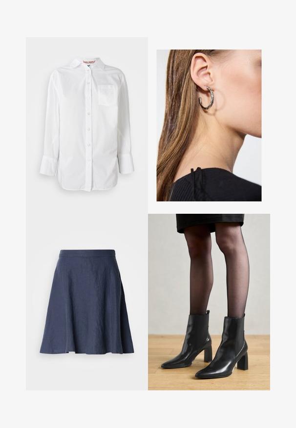 Camisa blanca de manga larga con botones, con cuello y un bolsillo en el pecho, exhibida sobre un fondo liso.; Falda de lino azul marino con diseño acampanado, textura ligera, corte a media altura y detalles cosidos a lo largo de las costuras.; Botines de cuero negro hasta el tobillo con punta afilada, tacón cuadrado grueso y diseño elegante. Presentan paneles laterales elásticos para facilitar el uso.; Pendiente de aro de plata con un acabado pulido, que presenta pequeños detalles en dorado y una forma redonda, llevado en el lóbulo.