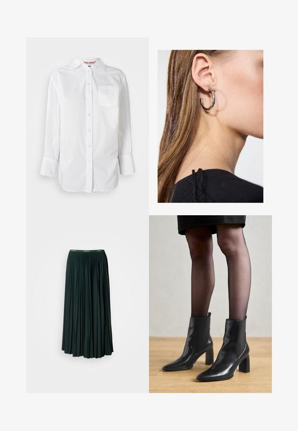 Hvid langærmet skjorte med knapper og krave samt brystlomme, Præsenteret mod en ensfarvet baggrund.; Lang, plisseret nederdel i mørkegrøn med en bred talje, der har brandnavnet "LACOSTE" i kontrasterende grøn skrift.; Sorte læderankelstøvler med spids tå, kraftig firkantet hæl og slankt design. Har elastiske sidepaneler for nem påtagning.; Sølv hoop ørestik med en poleret overflade, prydet med små guld accenter og en rund form, båret på øreflippen.