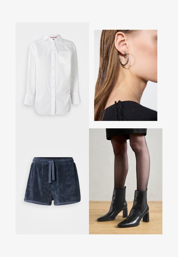 Camisa branca de mangas compridas, com botões e colarinho, e um bolso no peito, exposta contra um fundo simples.; Calções de toalha em azul marinho com uma cintura elástica, cordão ajustável e pequeno logótipo bordado na lateral. Textura suave.; Botas de tornozelo em couro preto com bico fino, salto quadrado robusto e design elegante. Apresenta painéis laterais elásticos para facilitar o calçar.; Brinco de argola prateada com acabamento polido, apresentando pequenos detalhes em dourado e uma forma redonda, usado na orelha.