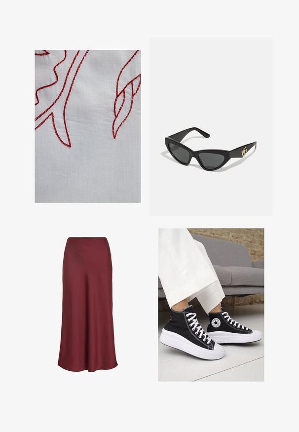 Witte stof met rode geborduurde details, die loofvormen weergeeft met verschillende steekpatronen en een textuurafwerking.; Bordeaux satijnen maxi rok met een gladde textuur en eenvoudig A-lijn ontwerp, met een rechte tailleband en geen zichtbare versieringen.; Zwarte canvas hoge sneakers met witte rubberen zolen en veters. Voorzien van een cirkelvormig logo aan de zijkant en contrasterende witte stiksels.; Cat-eye zonnebrillen met een matte zwart plastic frame, donkere lenzen en een gouden logo-accent op de poot. Hoekig ontwerp en een soepele textuur.