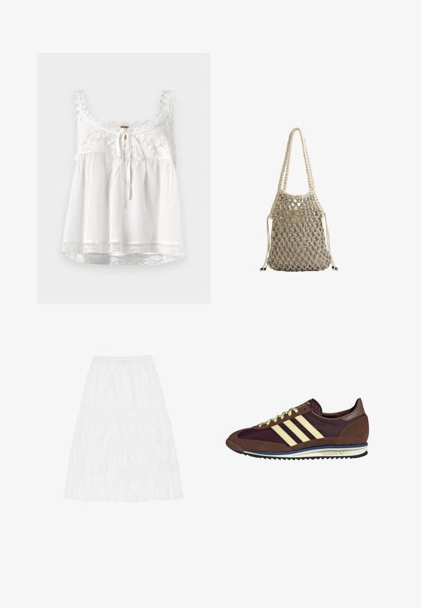 Hvid ærmeløs top med blonde-detaljer ved udskæringen og stropperne, forreste snøre lukning og blondekant i kanten. Letvægtsstof.; Hvid lagdelt nederdel lavet af tekstureret stof. Den har en elastisk talje og tre vandrette flæser med et blødt, let udseende.; Brune og bordeaux sneakers lavet af ruskind og mesh-materialer, med tre cremefarvede striber, tekstureret stof på tungen, og en gummisål.; Vævet beige taske med et net-lignende design, der har to flettede håndtag og snørelukning, pyntet med mørke perledetaljer.