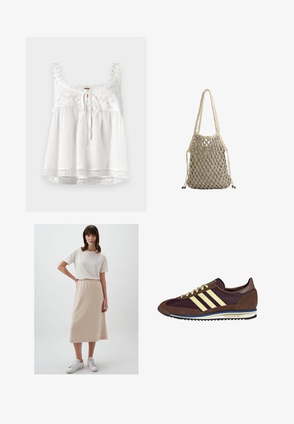 Witte mouwloze top met kantdetails op de halslijn en bandjes, sluiting met strik aan de voorkant en kantafwerking aan de onderrand. Lichtgewicht stof.; Jimmy Key BASIC COMFORTABLE MIDI SKIRT - A-lijn rok - bej-130; Bruine en bordeauxkleurige sneaker van suede en mesh materiaal, met drie crèmekleurige strepen, een gemêleerd stof op de tong en een rubberen zool.; Geweven beige tas met een netachtige ontwerp, voorzien van twee gevlochten handvatten en een trekkoordsluiting,accent met donkere kralen details.