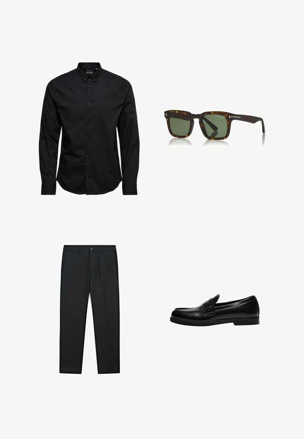 Sort langærmet skjorte med knapper lavet af bomuld. Har en klassisk krave, frontknapper og en lige kant uden mønstre eller udsmykninger.; Sorte bukser med lige ben, lavet af glat stof, med to sidelommer og en frontlås med knap.; Sorte læder loafers med en glat overflade, der har en syning detalje på vampen og en lav, solid sort gummisål.; Skildpaddemønstrede rektangulære solbriller med grønne linser. Funktioner inkluderer metalaccenter og "TOM FORD" logoen på siden. Plastikramme.