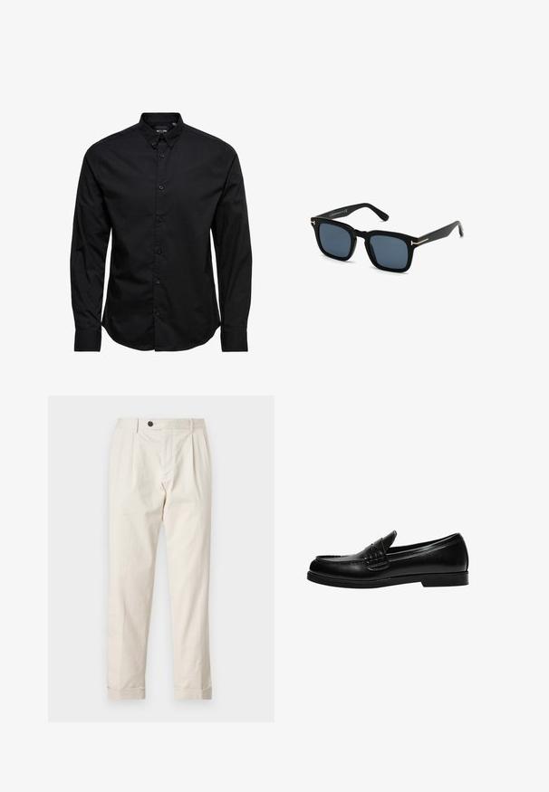 Schwarze Langarmhemd mit Knopfleiste aus Baumwolle. Es verfügt über einen klassischen Kragen, vordere Knöpfe und einen geraden Saum ohne Muster oder Verzierungen.; Cremfarbene Hose mit taillierter Passform, bestehend aus einem Ein-Knopf-Verschluss, gefalteter Vorderseite und umgeschlagenen Säumen. Aus leichtem Stoff hergestellt.; Schwarze Lederloafer mit glatter Oberfläche, ausgestattet mit einer Nahtverzierung an der Vorderkappe und einer niedrigen, durchgehenden Gummisohle in Schwarz.; Schwarze quadratische Sonnenbrillen mit dunklen Gläsern, mattem Finish und goldenen Metallakzenten an den Bügeln, die ein minimalistisches Design aufweisen.