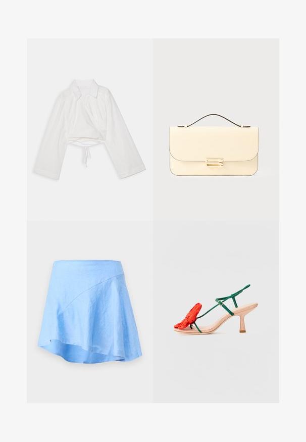 Bela skrajšana srajca z dolgimi rokavi, ovratnikom in zavitjem. Ima zavezan rob in gladko, lahko teksturo tkanine.; Svijetloplava lanena suknja s A-linijom i asimetričnom rubom. Ima glatku teksturu i minimalne šavove.; Loeffler Randall FRANK - Sandali s paščkom - nude/green/red; Kremskobarvna usnjena torbica z zgornjim ročajem in zlatim pravokotnim zaponko na enobarvnem svetlem ozadju.
