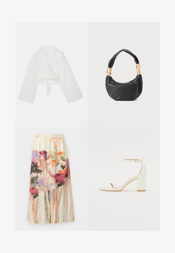 Weißes, cropped Hemd mit langen Ärmeln, Kragen und Wickeldesign. Mit einem Bindeband am Saum und einer glatten, leichten Stoffstruktur.; Blumenmusterrock mit hellcremfarbenem Hintergrund; besitzt bunte, abstrakte Blumenmuster in Rosa, Lila und Orange; elastischer Bund.; Weißes Leder-Sandale mit Blockabsatz, die ein Knöchelriemen mit einer Schnalle und ein minimalistisches Design aufweist. Offene Zehen und glatte Texturen im gesamten Design.; Schwarze Lederhandtasche mit runder Form, weicher Textur und einem geknoteten Griff mit goldfarbenen Hardware-Akzenten. Reißverschlussverschluss.