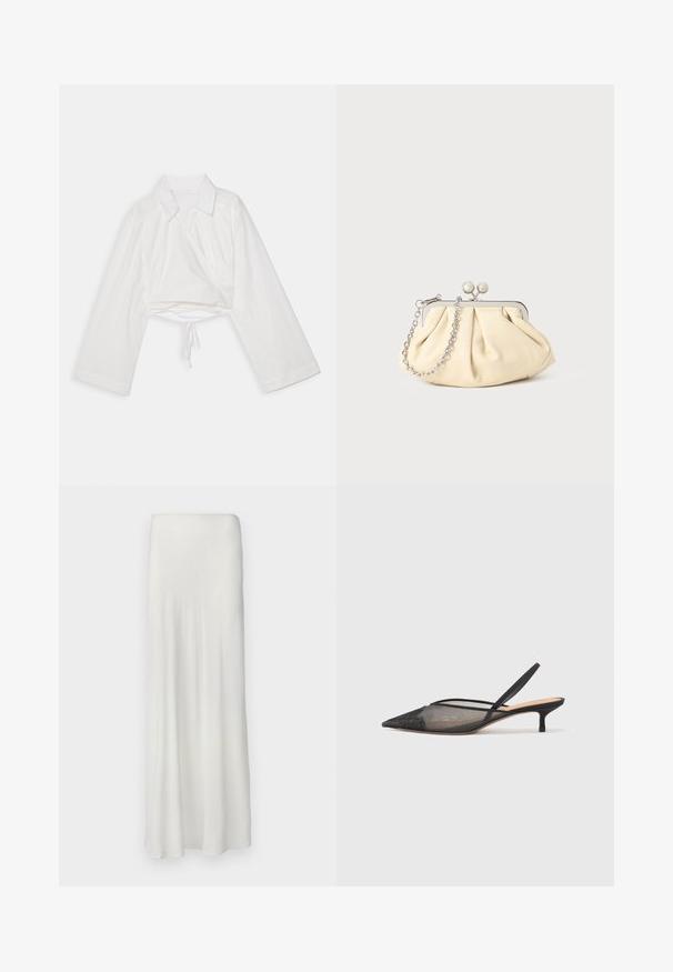 Biała krótka koszula z długimi rękawami, kołnierzykiem i fasonem kopertowym. Posiada wiązanie na dole oraz gładką, lekką fakturę materiału.; Długa, biała spódnica z gładkiego, lejącego się materiału. Posiada prostą, elastyczną talię i prosty krój, sięgający do kostek.; NEOUS IRENA czarny; Złożona beżowa skórzana kopertówka z srebrną metalową ramą, z dwoma okrągłymi dekoracyjnymi zapięciami i srebrnym łańcuszkiem.
