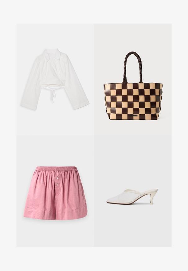 Bílá zkrácená košile s dlouhými rukávy, límečkem a zavinovacím designem. Obsahuje upevnění na hem a jemnou, lehkou texturu materiálu.; Růžové pyžamové kraťasy z bavlny s elastickým pasem, dvěma předními knoflíky a volným střihem. Materiál je hladký s mírně pomačkanou texturou.; Bílé síťované psací muly s špičatou špičkou, štíhlým středně vysokým podpatkem a designem na nazouvání na jednobarevném pozadí.; Hnědo-beige kožená taška přes rameno s tkaným vzorem ve tvaru šachovnice a copánkovými úchyty na bílém pozadí.