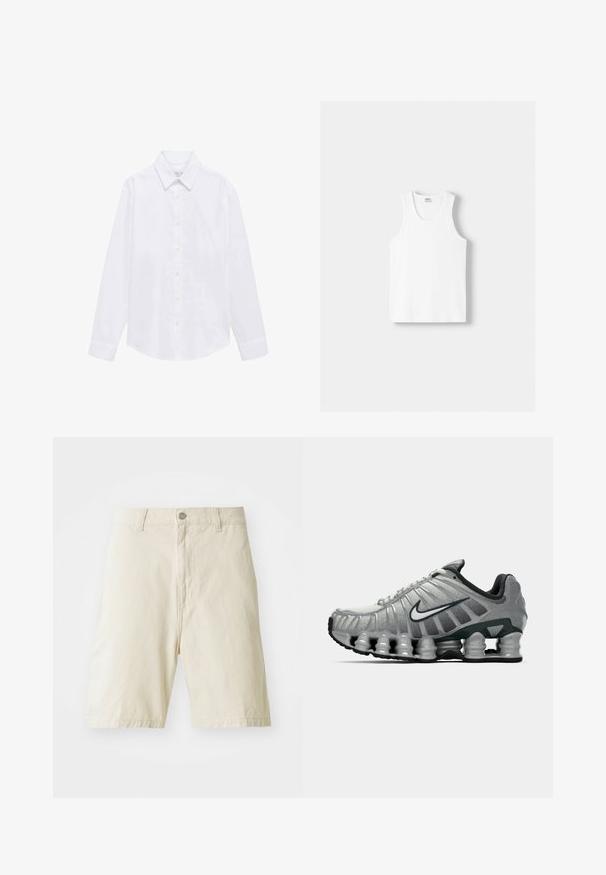 Weißes Langarmshirt aus Baumwollstoff. Mit spitzem Kragen, Knopfverschluss und einfachen Manschetten. Minimalistisches Design ohne Muster.; Weißes Baumwoll-Trägershirt mit Rundhalsausschnitt, breiten Trägern und geradem Saum, das eine glatte Textur aufweist und keine sichtbaren Muster hat.; Beige Baumwollkurze mit geradem Schnitt, Knopf- und Reißverschluss, zwei Fronttaschen und einfarbigem Material. Keine sichtbaren Muster oder Akzente.; Grauer und schwarzer Nike-Laufschuh mit sichtbarer federähnlicher Dämpfung unter der Sohle und einem weißen Swoosh-Logo an der Seite.