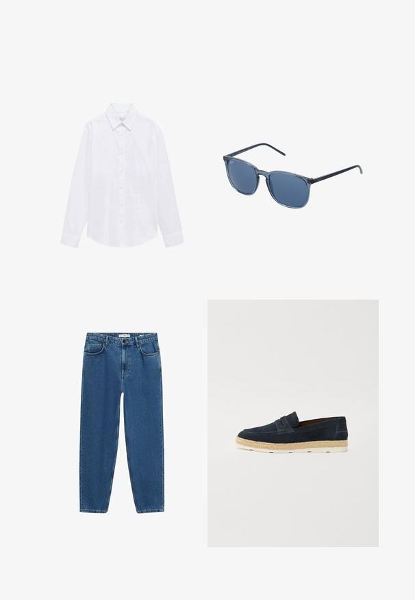 Biela košeľa s dlhým rukávom z bavlnenej tkaniny. Má špicatý golier, zapínanie na gombíky a jednorazové manžety. Minimalistický dizajn bez vzorov.; Svetlomodré džínsy s rovnými nohavicami, s klasickým päticovým strihom a zapínaním na gombík v oblasti pása.; Námornícke mokasíny z velúru na klinovom podpätku s ľahkou bielou gumovou podrážkou a tkanou jutovou výzdobou pozdĺž okraja; hladká textúra a jednoduchý dizajn.; Modré obdĺžnikové slnečné okuliare s sivými tónovanými sklíčkami, plastovým rámom, kovovými akcentmi a matným povrchom na stranách.