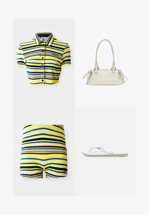 Rövidített polo póló sárga, fekete, kék és rózsaszín vízszintes csíkokkal. Elején gallérral, rövid ujjakkal és gombos záródással rendelkezik. Adidas logó található rajta.; Sávos rövidnadrág sárga, kék, fekete és rózsaszín vízszintes vonalakkal. Puha anyag, elasztikus derékkal és levágott szárvégekkel.; Fehér papucs texturált talpbetéttel, vékony pántokkal és sokszínű díszcsíkkal a talpon. A pánton logó található.; Beige bőr kézitáska sima felülettel, kettős, kerek fogantyúkkal és állítható kötőfékekkel mindkét oldalon. Ezüst színű fémalkatrészekkel rendelkezik.