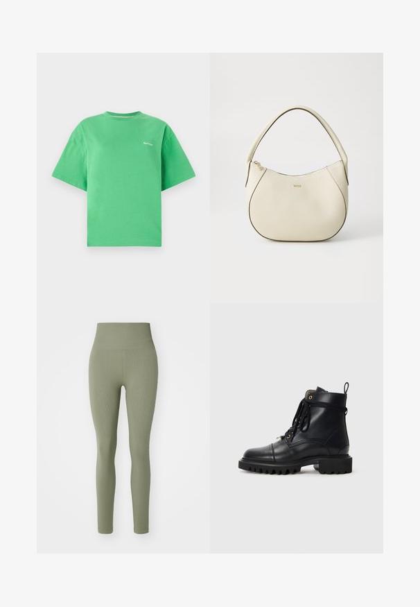 Zöld pamut póló kerek nyakkal, rövid ujjal és laza szabással. Kis fehér logóval a mellkason. Simogatós puha textúra.; Björn Borg STUDIO SEAMLESS - Leggingek - vetiver; Fekete bőr bokacsizma kerek orrrel, masszív gumitalppal, fűzővel és húzótalppal; arany fűzőlyukakkal és varrásos részletekkel rendelkezik.; Krém színű kézi táska texturált felülettel, ívelt formával, rövid fogantyúval és arany színű logó részlettel. Cipzáros záródás a tetején.