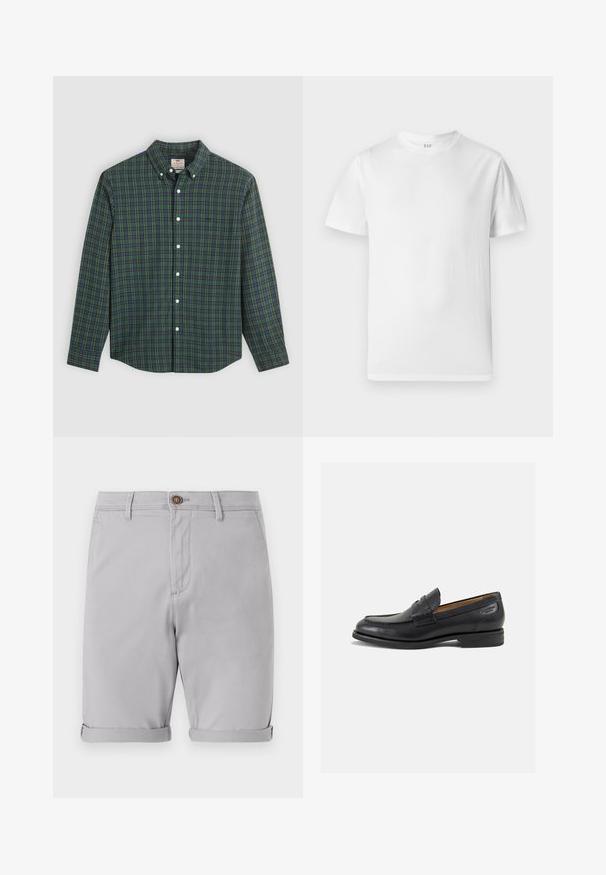 Pitkähihaista nappipaitaa, jossa on vihreä, sininen ja keltainen ruudullinen kuvio, valkoiset napit ja napitettava kaulus.; Valkoinen lyhythihainen t-paita, joka on valmistettu pehmeästä puuvillasta. Siinä on pyöreä pääntie ja suora helma, jossa on minimaalista yksityiskohtaa.; Vaaleanharmaat puuvillashortsit käännetyillä lahkeilla, yhdellä etunapilla ja sivutaskuilla, joissa on sileä rakenne ja räätälöity muotoilu.; Mustat nahkaloaferit, joissa on sileä pinta, pyöreä varvas ja koristeompeleet varpaansuojassa. Matala pinottu korko ja hieno kiilto.