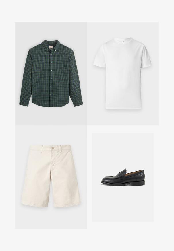 Kostkovaná košile s dlouhým rukávem v zelené, modré a žluté barvě, s bílými knoflíky a zapínacím límcem.; Bílý krátký rukáv tričko vyrobené z měkké bavlny. Má kulatý výstřih a rovný lem s minimem detailů.; Béžové bavlněné šortky s rovný pajé, zapínání na jeden knoflík, poutka na pásek a boční kapsy. Hladká textury, jednobarevný design bez vzorů.; Černé kožené mokasíny s hladkým povrchem, zaoblenou špičkou a dekorativním prošíváním na svršku. Nízký podpatka a mírný lesk.
