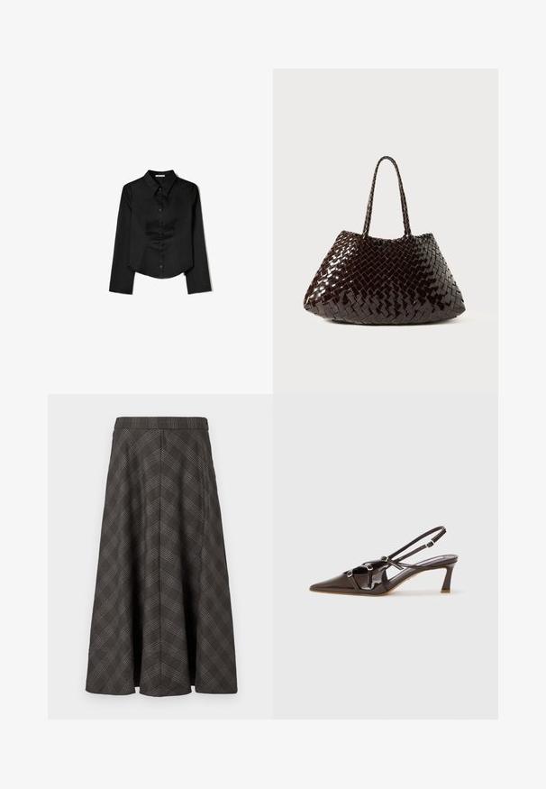Svart långärmad skjorta i slätt tyg, med spetsig krage, framknappning och cropped nederkant med sidofrack.; Brunrutig midkjol med en utsvängd form, med en slät textur, midjeband och ljusblå accenter i mönstret.; Brun lackläder slingback-klack med spetsig tå, justerbara remmar och dekorativa spännen fram. Klackhöjd på 7,5 cm.; Vävd handväska i mörkbrunt, har en glänsande yta, avsmalnande form och flätade handtag. Texturerat mönster ger djup och visuell intressanthet.