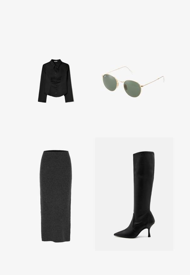 Schwarzes Langarmshirt aus glattem Stoff, mit spitzem Kragen, vorderem Knopfverschluss und einem gekürzten Saum mit seitlichen Schlitzen.; Strick-Bleistiftrock in Dunkelgrau, knielang mit taillierter Form, glatter Textur und elastischem Bund für mehr Komfort.; Stuart Weitzman Stiefel - black; Sonnenbrille mit goldfarbenem Metallrahmen und grünen Gläsern, runder Form, dünnen Bügeln und weißen Kunststoffakzenten an den Enden der Bügel.