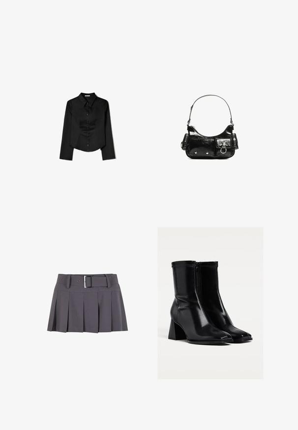 Černá košile s dlouhým rukávem vyrobená z hladké látky, zahrnující špičatý límec, přední zapínání na knoflíky a zkrácený lem se bočními rozparky.; Šedá skládací mini sukně s hladkou texturou, která má široký pas, poutka na pásek a obdélníkovou stříbrnou sponu.; Černé kotníkové boty vyrobené z lesklé kůže, s podpatkem střední výšky, zipovým zapínáním a špičatou špičkou. Hladký povrch s minimálním šitím.; Černá lakovaná kožená kabelka s křivkovým tvarem, jedním ramenním popruhem, předními kapsami a stříbrnými kovovými detaily.