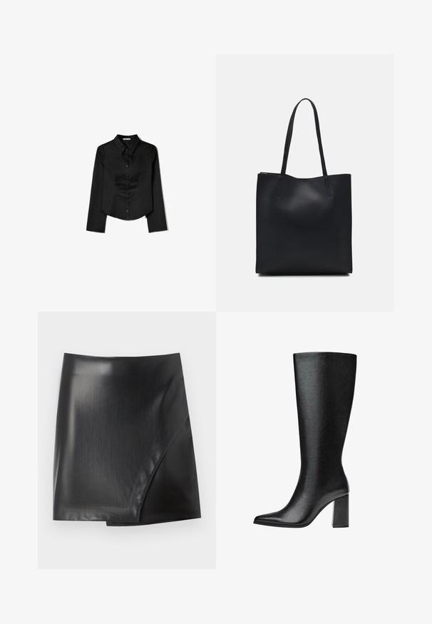 Camicia nera a maniche lunghe realizzata in tessuto liscio, con colletto a punta, chiusura frontale con bottoni e orlo accorciato con slit laterali.; Mini gonna in finta pelle nera con una finitura lucida e liscia, caratterizzata da un design a involucro diagonale e bordi puliti. Texture uniforme in tutta la superficie.; Stivale nero al ginocchio realizzato in pelle sintetica, con punta affusolata, texture liscia e tacco a blocco spesso. Design minimalista senza decorazioni visibili.; Borsa tote in pelle nera con texture liscia, forma rettangolare e due manici lunghi. Nessun hardware o decorazione visibile.