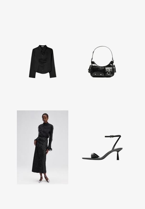 Czarna longsleeve z gładkiego materiału, z wyraźnym kołnierzykiem, z przodem zapinanym na guziki oraz skróconym dołem z bocznymi rozcięciami.; Czarna bluzka z guzikami i przezroczystymi rękawami, w zestawieniu z czarną spódnicą midi pokrytą cekinami oraz srebrnymi butami na wysokim obcasie. Elegancki i teksturowany design.; Bershka - Sandały na obcasie; Czarna torebka z lakierowanej skóry o zaokrąglonym kształcie, z jednym paskiem na ramię, przednimi kieszeniami i akcentami w kolorze srebrnym.