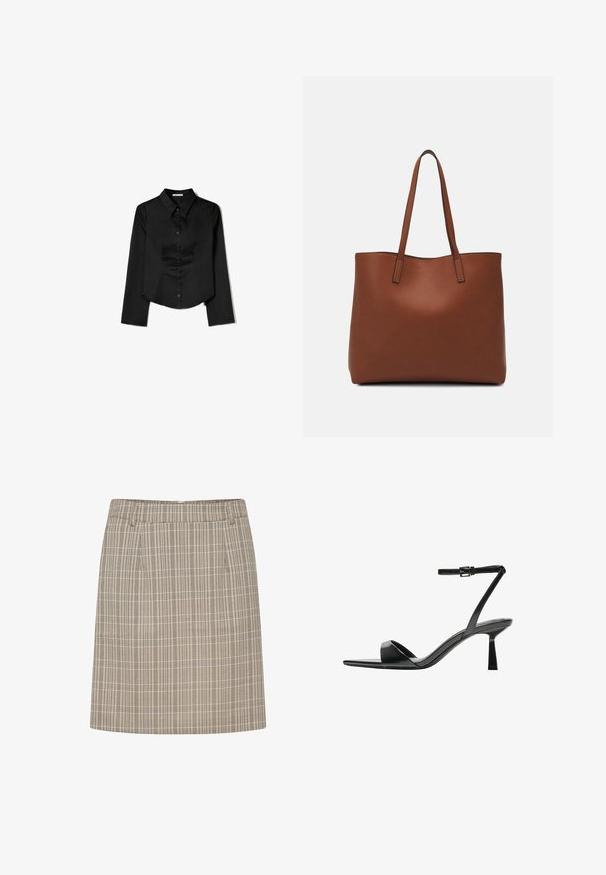 Cămașă neagră cu mâneci lungi, confecționată dintr-un material neted, având guler ascuțit, închidere frontală cu nasturi și un tiv scurt cu slituri laterale.; Fustă în carouri cu un talie ajustată, având linii verticale și orizontale în nuanțe de bej și maro, fabricată dintr-un material ușor.; Bershka Sandale cu toc - black; Geantă de umăr din piele maro cu o textură netedă, design cu vârf deschis și două curele pentru umăr. Prezintă cusături minime și fără componente metalice vizibile.