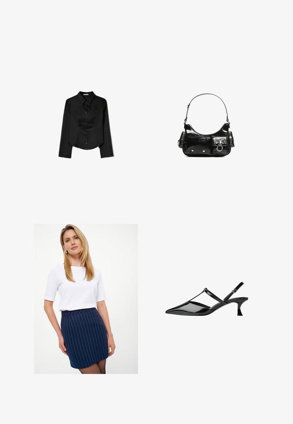 Crna košulja dugih rukava od glatkog materijala, s izrezom u obliku oštrice, prednjim zatvaranjem na gumbe i skraćenim rubom s bočnim prorezima.; Mornarsko prugasta suknja s prilagođenim dizajnom i pojasom, uparen s bijelim topom kratkih rukava. Glatka tekstura tkanine, minimalistički stil.; Crne lakirane cipele s kopčanjem oko pete, s šiljastim vrhom, dizajnom križnog remena i suženim srednjim potplatom. S glatkom, sjajnom završnom obradom i izrezanom detaljnom.; Crna patentna kožna torba s zakrivljenim oblikom, jednim remenom za rame, prednjim džepovima i akcentima od srebrnog tona.