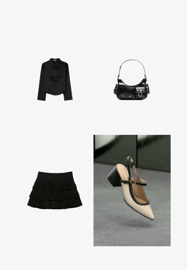 Čierna košeľa s dlhým rukávom vyrobená z hladkej látky, s špicatým golierom, predným zapínaním na gombíky a skráteným lemom so bočnými rozparkami.; Čierna sukňa s viacerými vrstvami ruflí s textúrovaným kvetinovým vzorom. Elastický pás pre komfort a prispôsobenie.; Béžová lodička so špicatou špičkou, s čiernym lemom, zlatou prackou a robustným blokovým podpätkom na šedom podlahe s tmavozeleným pozadím.; Čierna laková kožená kabelka s ohnutým tvarom, jedným ramenným popruhom, prednými vreckami a striebornými kovovými doplnkami.