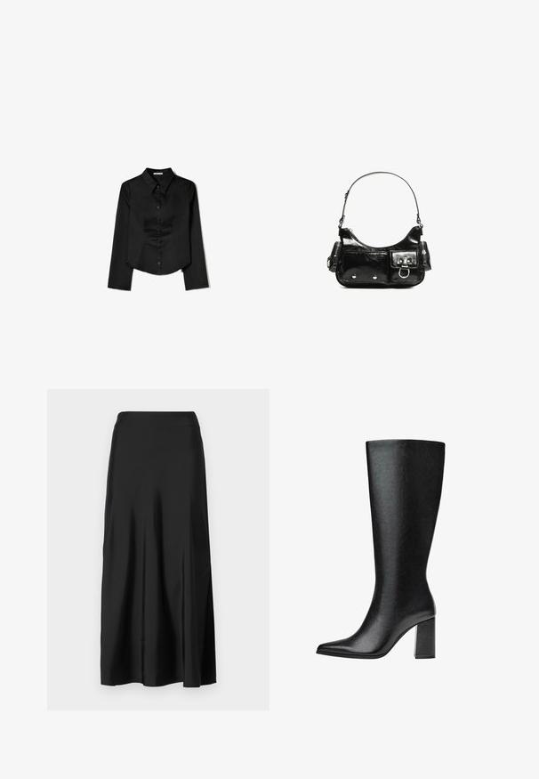 Schwarzes Langarmshirt aus glattem Stoff, mit spitzem Kragen, vorderem Knopfverschluss und einem gekürzten Saum mit seitlichen Schlitzen.; GAP PULL ON SKIRT - Maxirock - black; Schwarze kniehohe Stiefel aus Kunstleder mit spitzer Zehe, glatter Oberfläche und blockartigem Absatz. Minimalistisches Design ohne sichtbare Akzente.; Schwarze Lackleder-Handtasche mit geschwungenem Design, einem Schulterriemen, Vordertaschen und silberfarbenen Hardware-Akzenten.